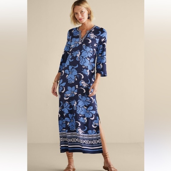 NWT Soft Surroundings Sedona Floral Maxi Dress in Marina Blue Size Petite XS - Picture 1 of 15